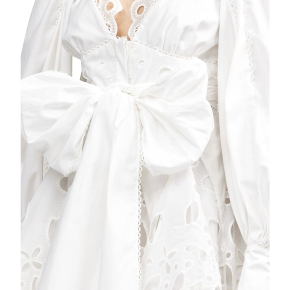 Acler Vicount V-neck Lace Eyelet-trim Puff-sleeve Tie-waist Mini Dress in White - Picture 13 of 16